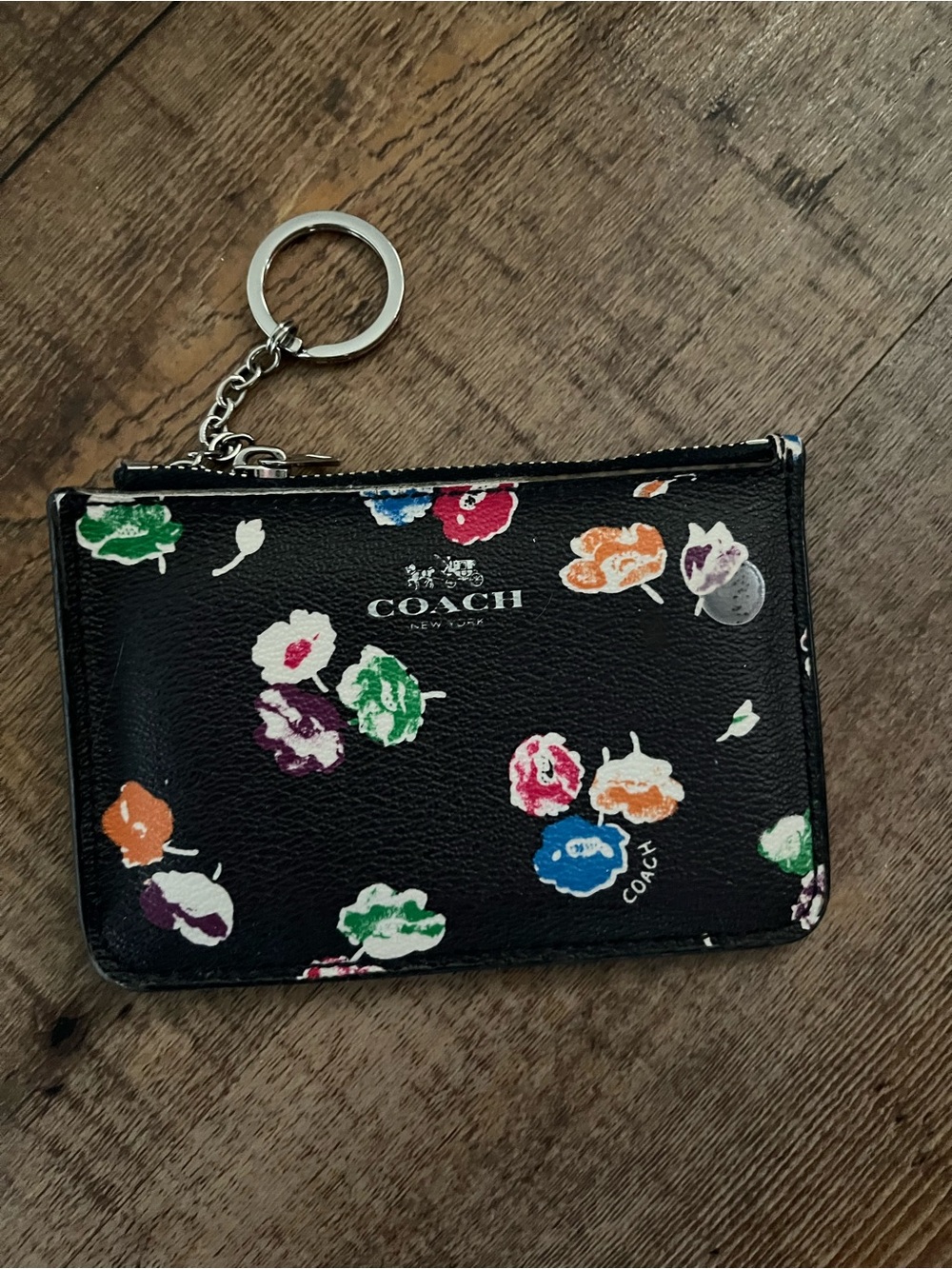Coach Black Floral Zip Card Holder Keyring